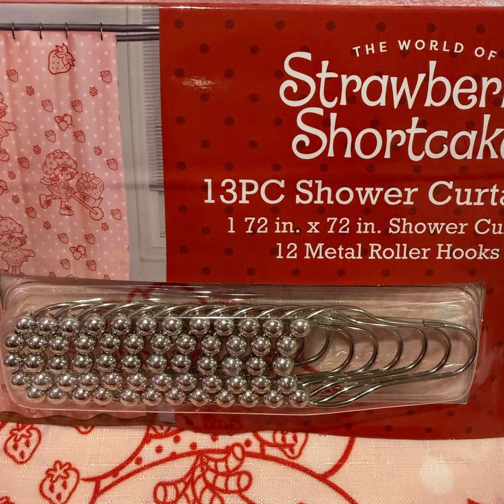 Strawberry Shortcake Pink Shower Curtain Set with Metal Roller Hooks